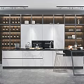 Modern Kitchen Interior Featuring White Cabinets Marble Island And Wooden Shelves