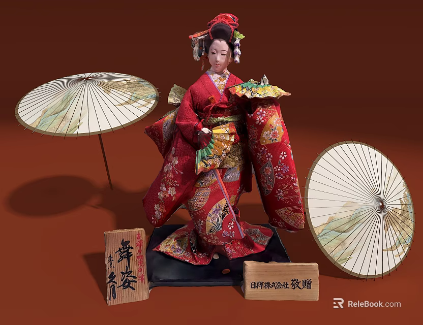 Traditional Kimono Doll Decorative Ornament Set With Decorative Umbrellas And Wooden Plaques 3d model 