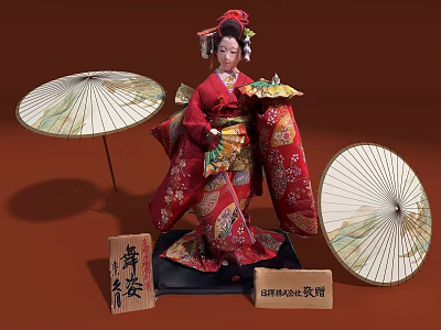 Traditional Kimono Doll Decorative Ornament Set With Decorative Umbrellas And Wooden Plaques 3d model