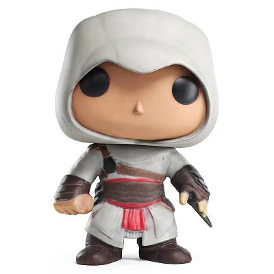 Funko Pop Style Hooded Assassin Doll With Gray Outfit Red Sash And Dagger 3d model