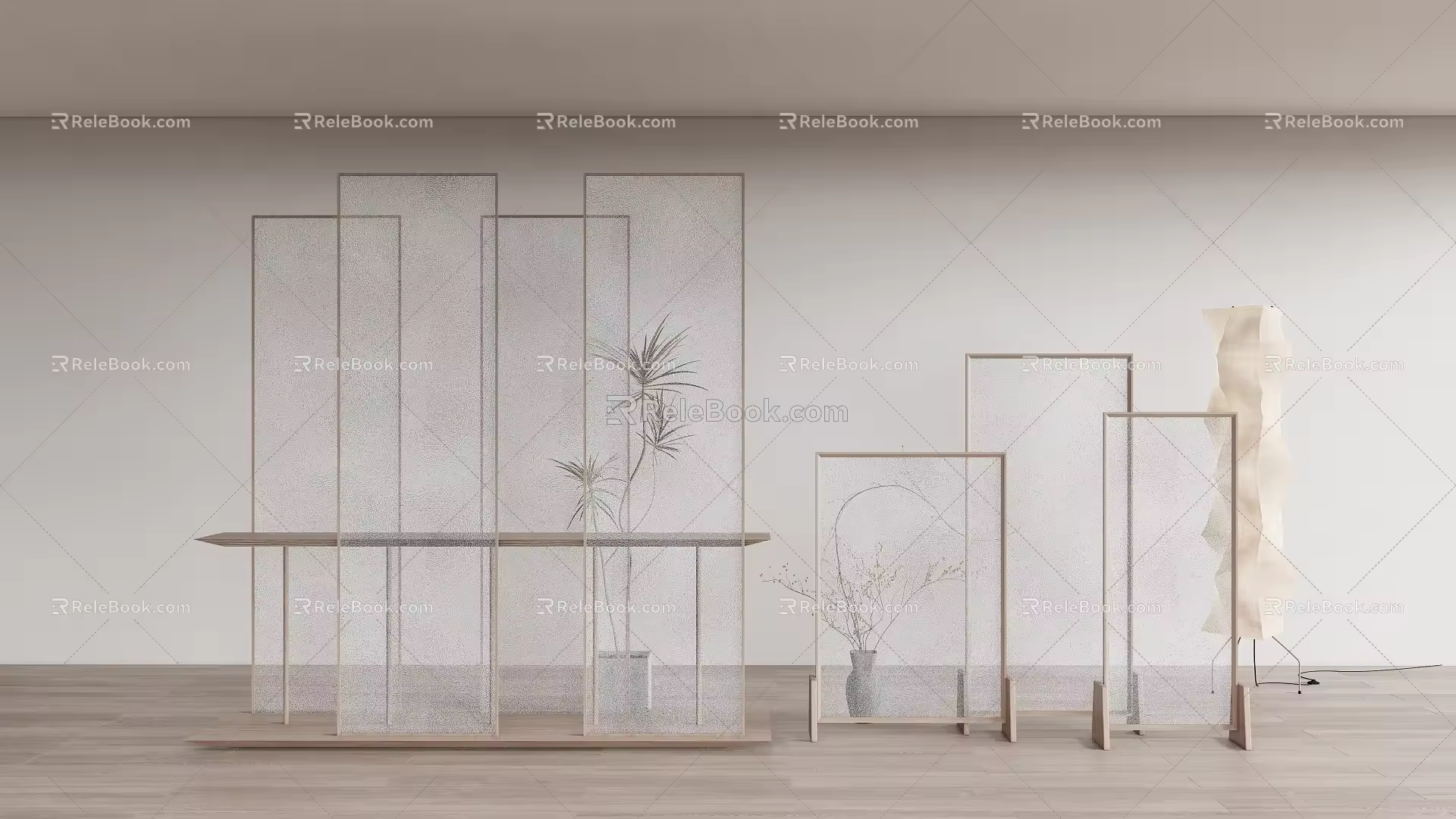 Simple Frosted Semi-permeable Glass Partition New Chinese Zen Style Antique Screen Zen Style Screen Combination Green Plant Potted Plant 3d model