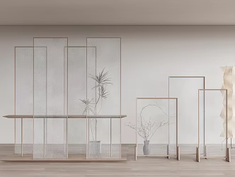 Simple Frosted Semi-permeable Glass Partition New Chinese Zen Style Antique Screen Zen Style Screen Combination Green Plant Potted Plant 3d model