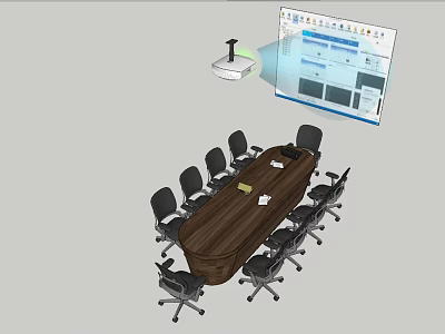 Wooden Conference Table With Surrounding Chairs And Projector Presentation Screen 3d model