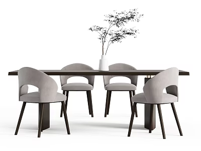 Modern Dark Wood Dining Table And Light Gray Chairs Set With White Vase And Greenery 3d model