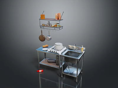 Modern Kitchen Interior Design With Metal Hanging Rack Stove Sink And Countertop 3d model