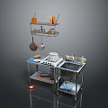Modern Kitchen Interior Design With Metal Hanging Rack Stove Sink And Countertop