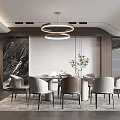 Modern Restaurant Interior With Round Dining Table Circular Pendant Lights Chairs And Marble Wall