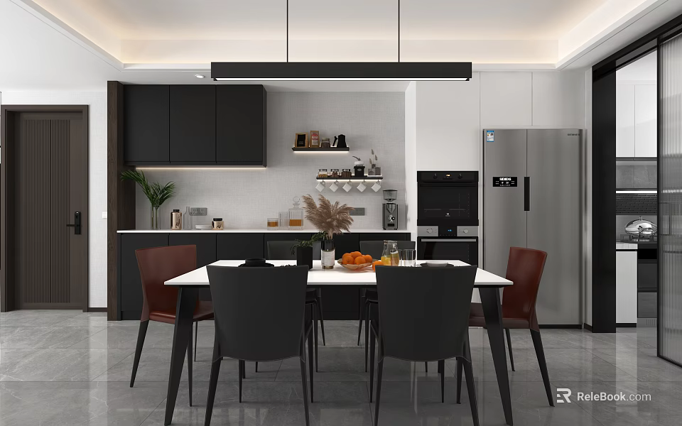 Modern Restaurant Interior With Dining Table Black Chairs And Open Kitchen Design 3d model 