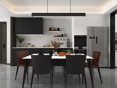 Modern Restaurant Interior With Dining Table Black Chairs And Open Kitchen Design 3d model