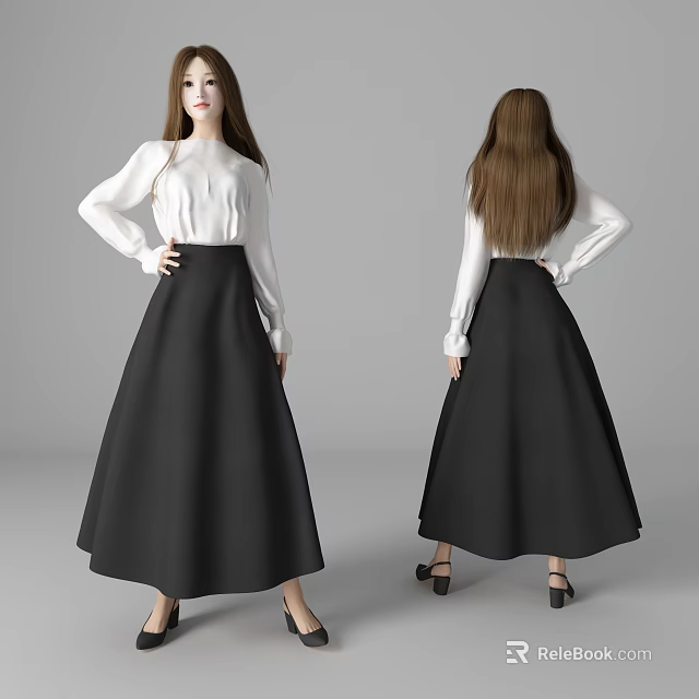 Woman in White Long Sleeve Blouse and Black Maxi Skirt with Black Heels Long Hair 3d model 