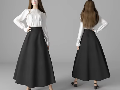 Woman in White Long Sleeve Blouse and Black Maxi Skirt with Black Heels Long Hair 3d model