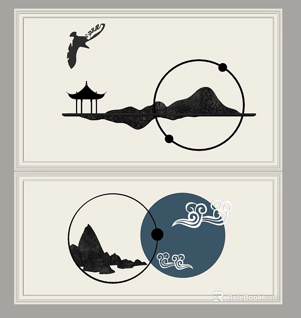 Traditional Chinese Style Wall Decor with Pavilion Mountains and Circular Cloud Patterns 3d model