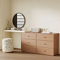 Wooden Dresser with Round Black Mirror Decor Items Radio Clock White Stool by Window Blinds