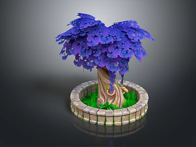Purple Leaf Tree With Textured Trunk In Circular Stone Planter And Green Grass 3d model