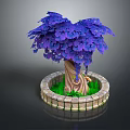 Purple Leaf Tree With Textured Trunk In Circular Stone Planter And Green Grass 3d model