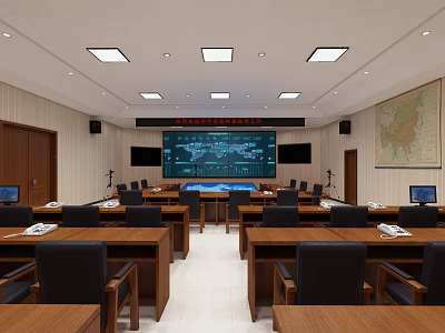 Modern Conference Room With Large Screen Wooden Tables Chairs And Wall Map 3d model