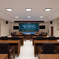 Modern Conference Room With Large Screen Wooden Tables Chairs And Wall Map
