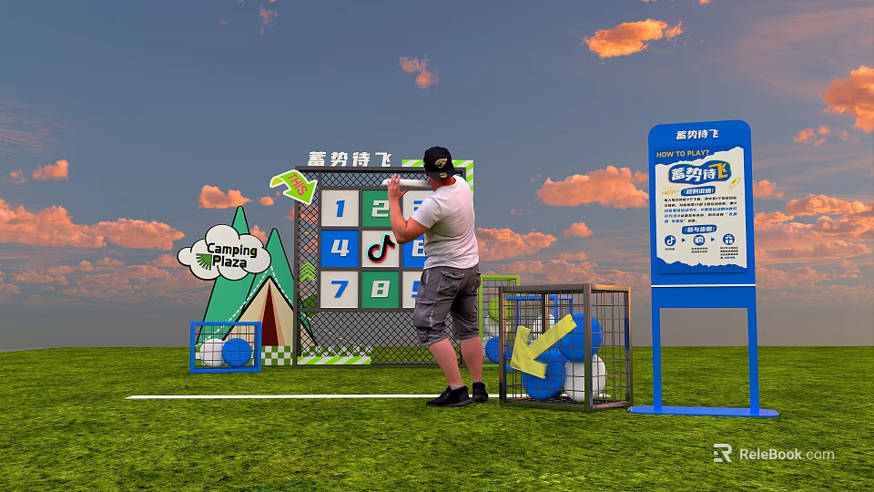 Outdoor Bean Bag Toss Game With Number Grid Tent Design Cloudy Sky Signboard 3d model 