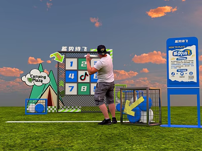 Outdoor Bean Bag Toss Game With Number Grid Tent Design Cloudy Sky Signboard 3d model