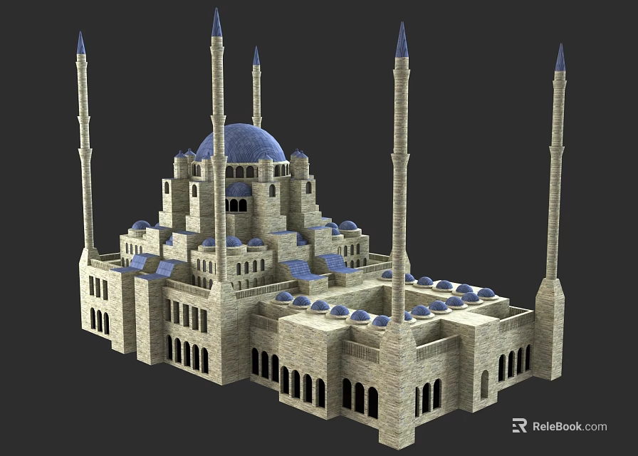 Ancient Islamic Architecture Featuring Blue Domes Minarets Stone Structure And Arched Windows 3d model 