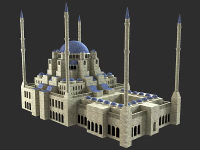 Ancient Islamic Architecture Featuring Blue Domes Minarets Stone Structure And Arched Windows 3d model