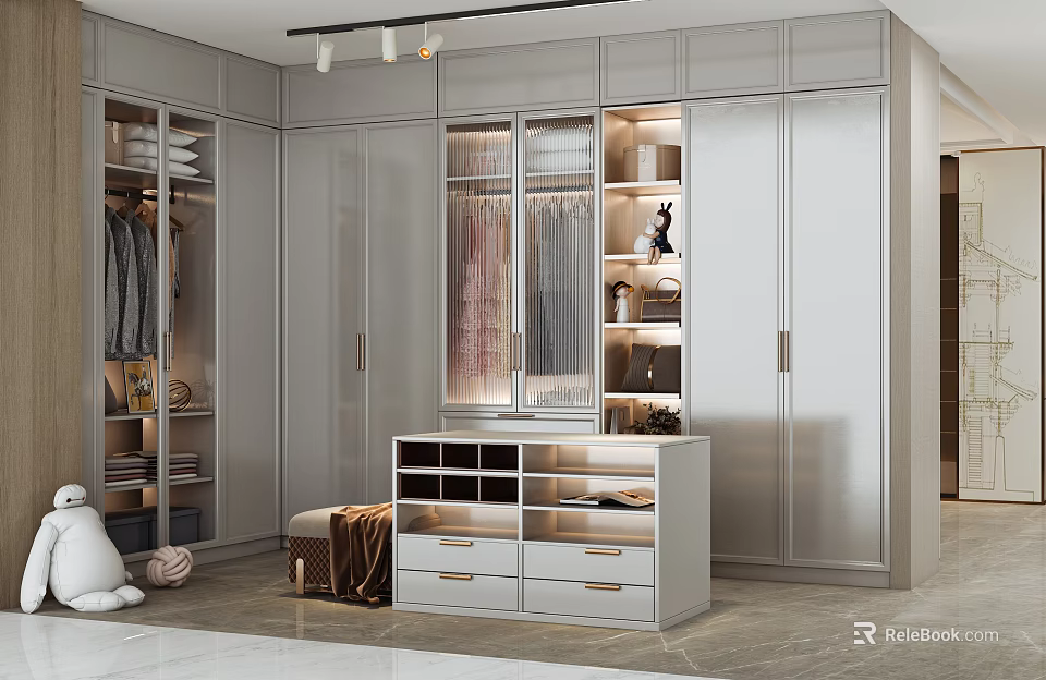 Modern Walk in Closet with Gray Cabinets Glass Doors Drawers and Built in Lighting 3d model 