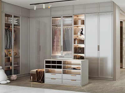 Modern Walk in Closet with Gray Cabinets Glass Doors Drawers and Built in Lighting 3d model