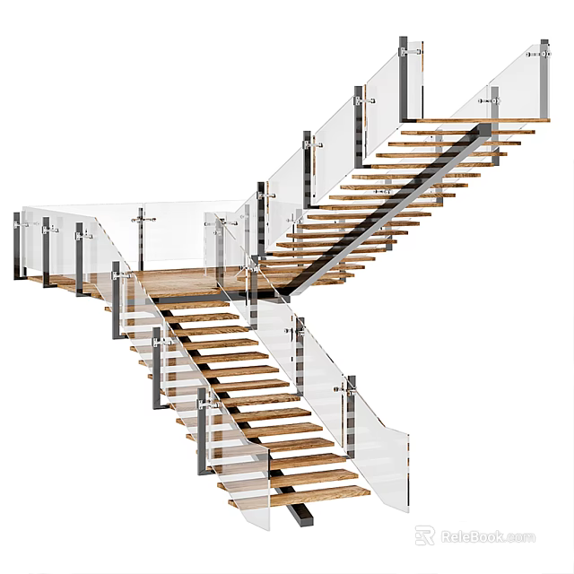 Modern Staircase With Wooden Steps And Glass Railing Design Elements 3d model