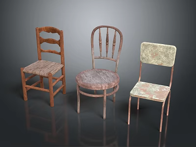 Vintage Furniture Chairs In Different Styles With Distressed Wood And Unique Back Designs 3d model
