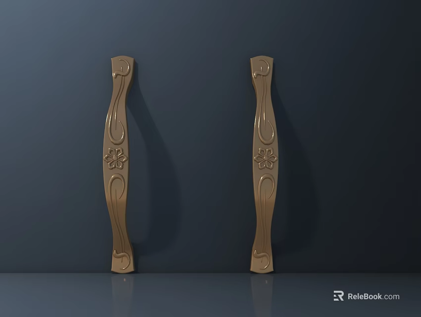 Hardware Tools Golden Metal Handles With Decorative Patterns On Dark Background And Reflective Surface 3d model