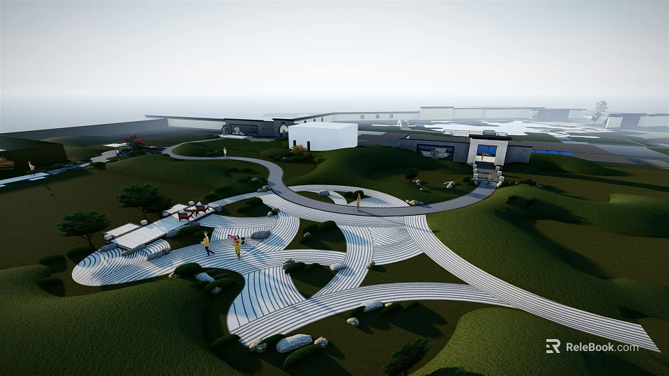 Scenic Park Landscape With Winding Paths Green Lawns And Modern Structures 3d model