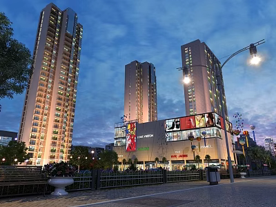 Evening Commercial Street Featuring Shopping Mall Tall Buildings Billboards Street Lamps Benches And Green Plants 3d model