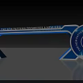 Blue Sports Center Archway with White Text THE NEW PATTERN SPORTS CENTER and Circular Logo
