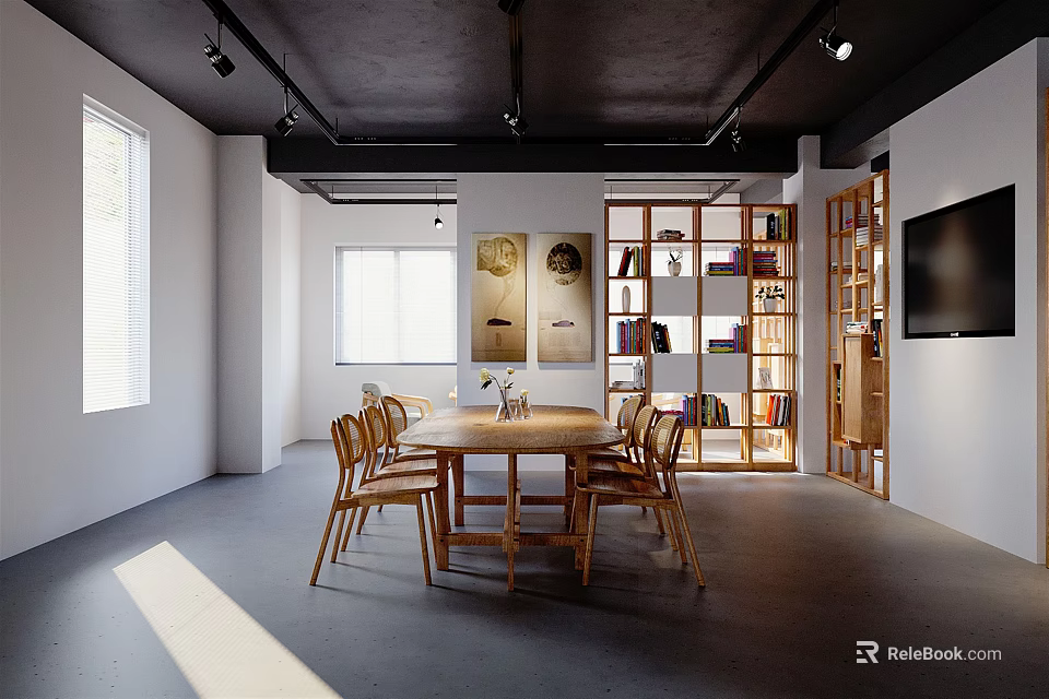 Modern Conference Room with Round Wooden Table Chairs Bookshelves with Books and Windows 3d model 