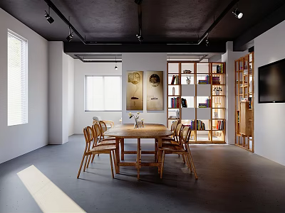 Modern Conference Room with Round Wooden Table Chairs Bookshelves with Books and Windows 3d model