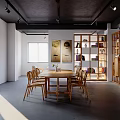 Modern Conference Room with Round Wooden Table Chairs Bookshelves with Books and Windows