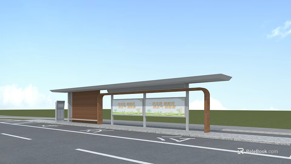 Modern Bus Station With Roadside Shelter Wooden Structure Billboards Green Grass And Blue Sky 3d model 
