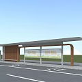 Modern Bus Station With Roadside Shelter Wooden Structure Billboards Green Grass And Blue Sky