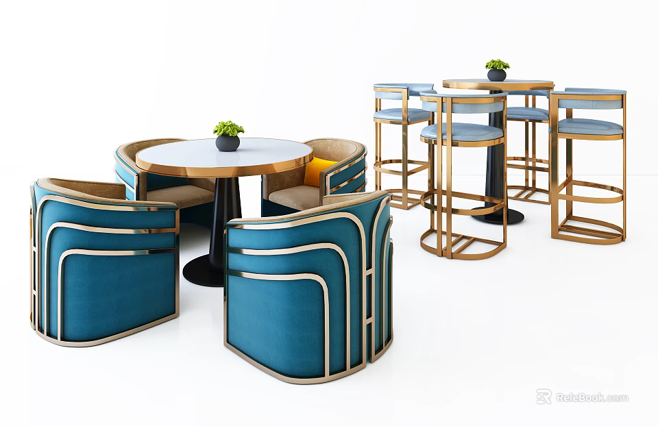 Modern Round Table And Blue Chair Set With Gold Trim And High Stools 3d model 