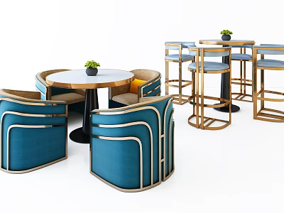 Modern Round Table And Blue Chair Set With Gold Trim And High Stools 3d model