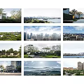 Urban Components Including Trees City Skyline Roads Buildings Lakes And Mountains
