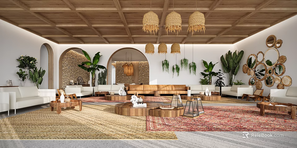 Hotel Public Lounge Space With Wooden Ceiling Woven Pendant Lights Sofas Rugs And Green Plants 3d model 