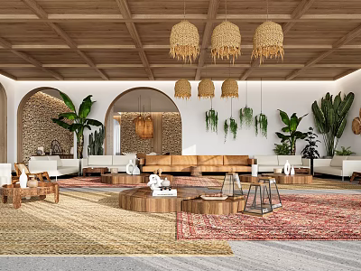 Hotel Public Lounge Space With Wooden Ceiling Woven Pendant Lights Sofas Rugs And Green Plants 3d model