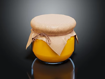 Ceramic Jar With Yellow Preserve And Cloth Lid Tied On Black Background 3d model