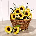 Beautiful Sunflowers and Roses Arrangement in Wicker Basket on Wooden Tabletop with White Wooden Wall