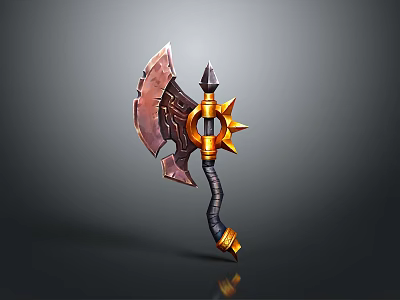 Ornate Battle Axe with Copper Black Design Serrated Head Circular Star Pattern Handle Golden Accents 3d model