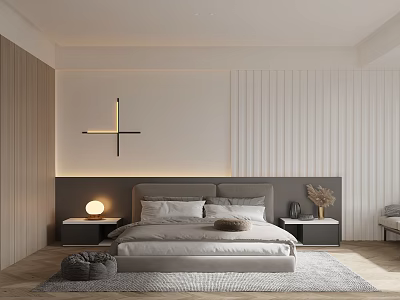 Modern Minimalist Bedroom Interior With Wooden Walls Cross Shaped Wall Light Gray Bed And Rug 3d model
