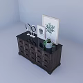 Rustic Wooden Entryway Side Cabinet With Drawers Framed Art Round Mirror And Potted Plant