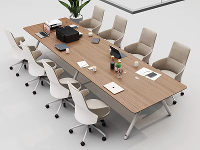 Modern Wooden Conference Table With Office Chairs Laptop And Documents In Office Space 3d model