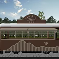 Mountain Themed Mobile Cafe Exterior With Brown White Color Wavy Pattern And Green Trees